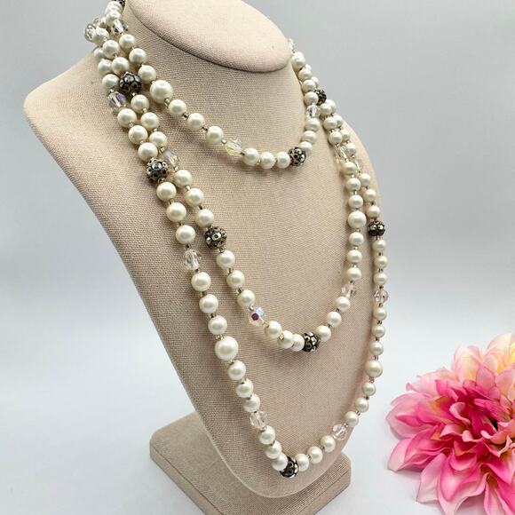 Vintage Judy Lee Long Faux Pearl AB Filigree Bead Single Strand Necklace Flapper - Picture 5 of 16